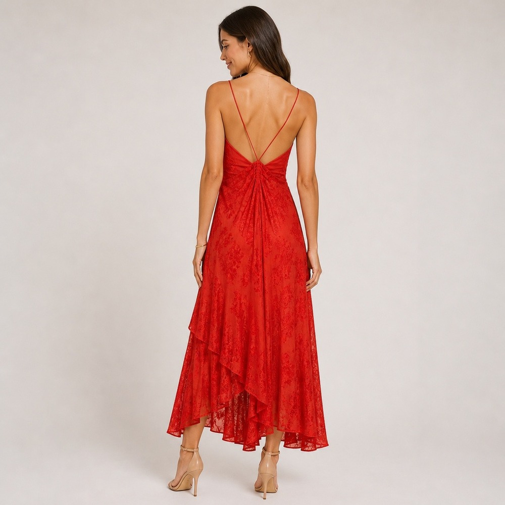Boho Chic Free People Red Floral Jacquard High-Low Maxi Dress Cutout Festival 2 - Picture 2 of 16